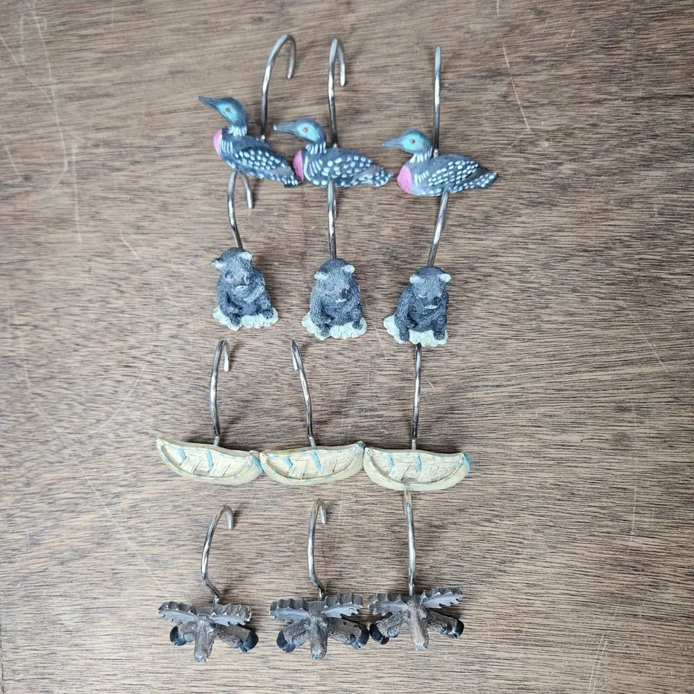 Rustic Lodge Northwoods Shower Curtain‎ Hooks Set 12 Moose Bear Loon Canoe Resin